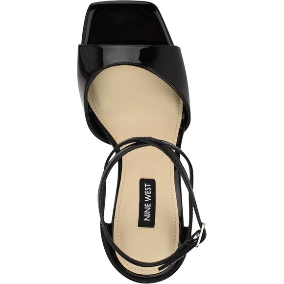 Nine West Women Black Patent Faux Leather Open Squared Toe Heels Sandal - Picture 4 of 6